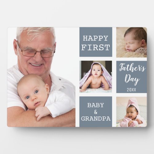 Grandpa First Fathers Day 4 Photo Collage Gray Plaque