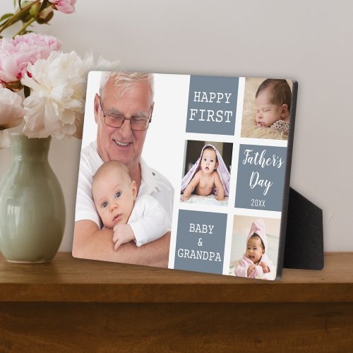 Grandpa First Fathers Day 4 Photo Collage Gray Plaque