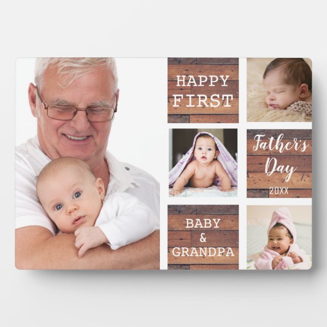Grandpa First Father's Day 4 Photo Collage Wood Plaque (Front)