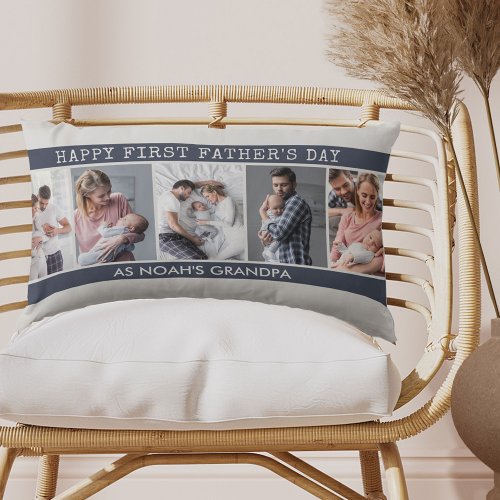 Grandpa First Fathers Day _ 5 Photo Collage Custom Lumbar Pillow