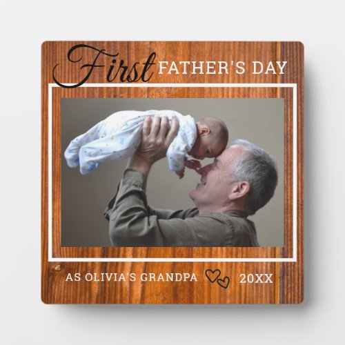 Grandpa First Fathers Day Photo Rustic Brown Wood Plaque