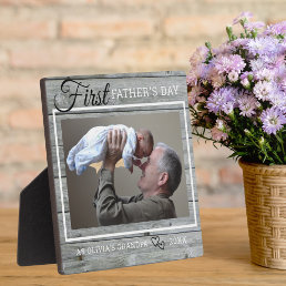 Grandpa First Father&#39;s Day Photo Rustic Gray Wood Plaque