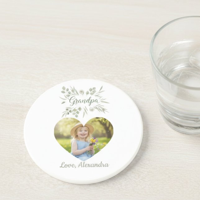 Grandpa Gift Coaster - Heart Photo & Eucalyptus (Personalized photo grandpa drink coaster)