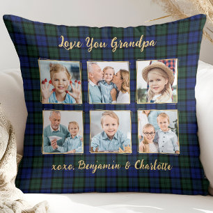 Grandpa Gift Custom Photo Collage Holiday Plaid Throw Pillow