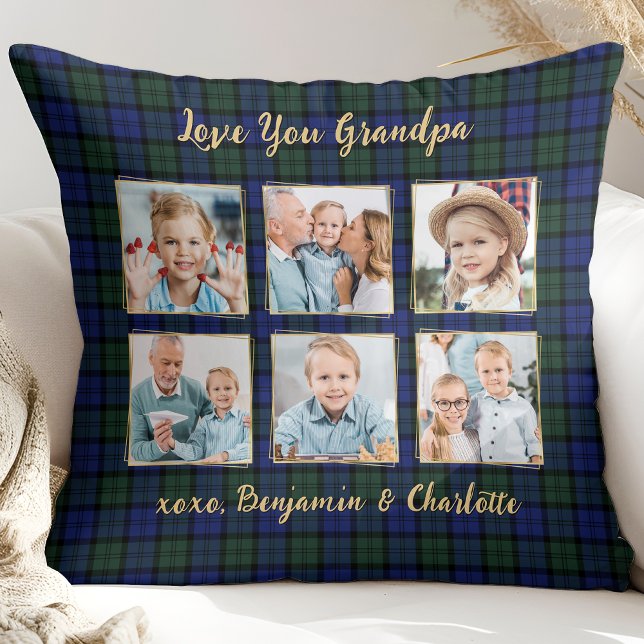 Grandpa Gift Custom Photo Collage Holiday Plaid Throw Pillow (Creator Uploaded)