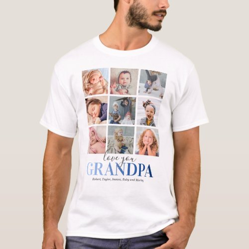 Grandpa Gift | Love You Papa Photo T-Shirt - Personalized grandfather photo t-shirt featuring a 9 picture collage template for you to customize, the saying "love you grandpa", and the names of the grandchildren. Photo tip: Crop your photos into squares before uploading ensuring subject is in the center for best results.