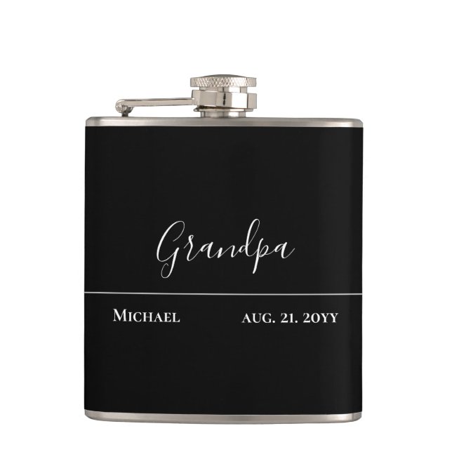 Grandpa Gift- Modern Jet Black Personalized Flask (Front)
