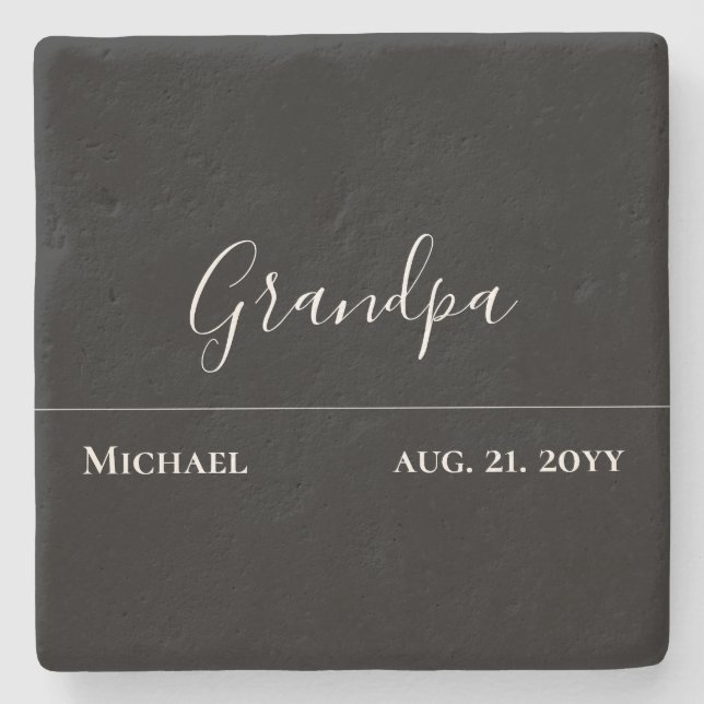 Grandpa Gift- Modern Jet Black Personalized Stone Coaster (Front)