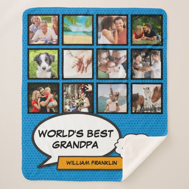 Grandpa Grandad Fun Cool Photo Collage Blue Sherpa Blanket (Front)