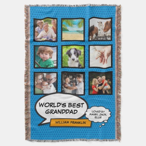 Grandpa Grandad Modern Photo Collage Fun Blue Throw Blanket