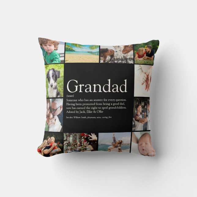 Grandpa Grandad Papa Definition 12 Photo Black Throw Pillow (Front)