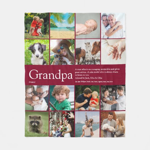 Grandpa Grandad Photo Collage Fun Burgundy Fleece Blanket
