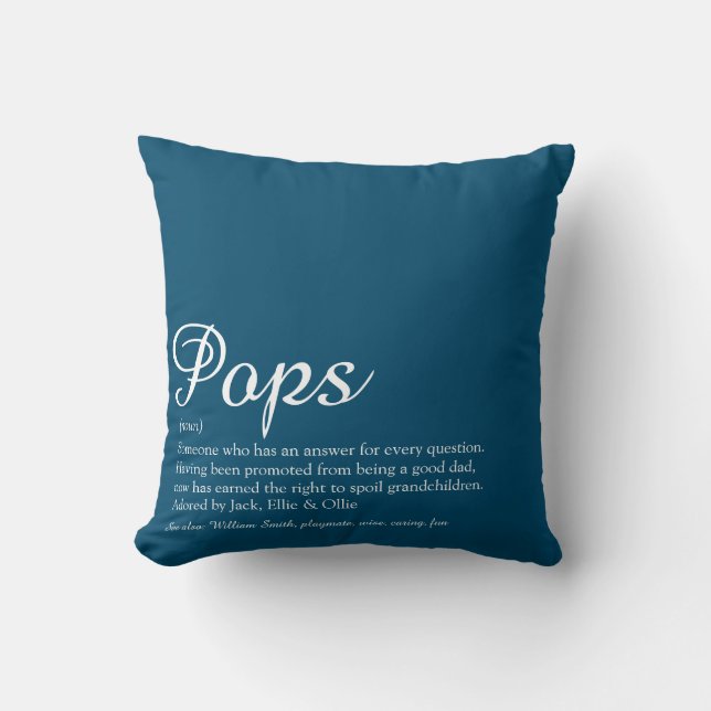 Grandpa, Grandfather, Papa Definition Script Blue Throw Pillow (Front)