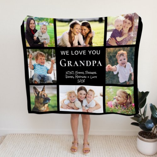 Grandpa Love You Photo Collage Black Fleece Blanket