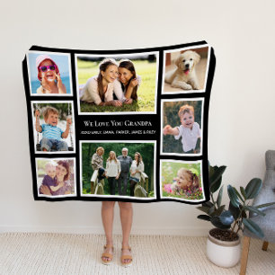 Grandpa Love You Photo Collage Personalized Black Fleece Blanket