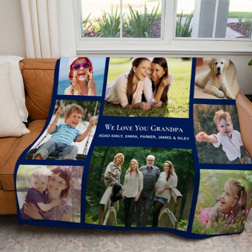 Grandpa Love You Photo Collage Personalized Blue Fleece Blanket