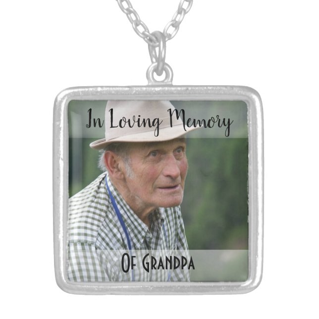 Grandpa Memorial Photo Charm Wedding Bouquet Silver Plated Necklace (Front)