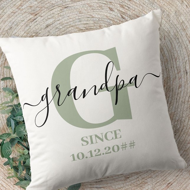 Grandpa Monogram Elegant Script Silver Green Throw Pillow (Creator Uploaded)