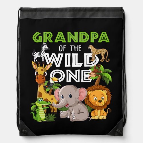 Grandpa of the Wild One Zoo Birthday Safari Drawstring Bag