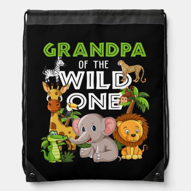 Grandpa of the Wild One Zoo Birthday Safari Drawstring Bag (Front)