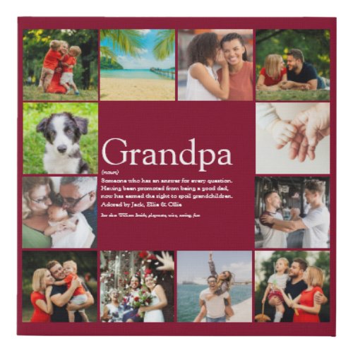 Grandpa Papa Definition 12 Photo Collage Burgundy Faux Canvas Print