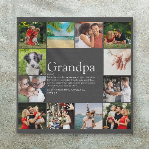 Grandpa Papa Definition 12 Photo Collage Gray Faux Canvas Print