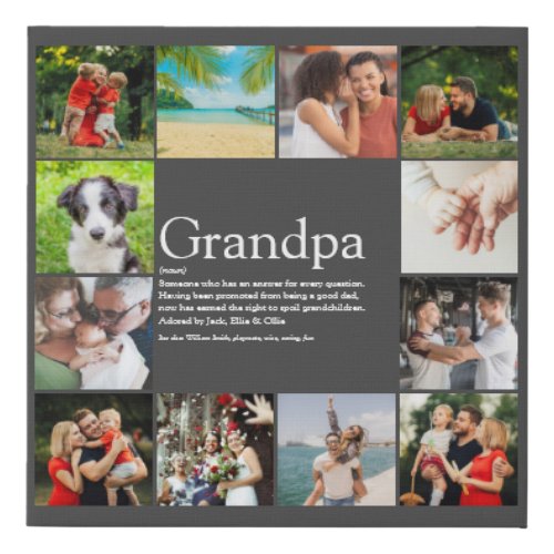 Grandpa Papa Definition 12 Photo Collage Gray Faux Canvas Print