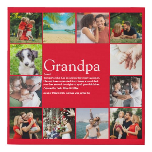 Grandpa Papa Definition 12 Photo Collage Red Faux Canvas Print
