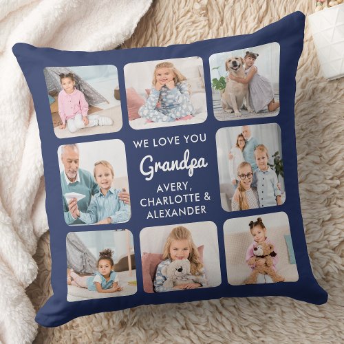 Grandpa Personalized 11 Photo Collage Navy Blue Throw Pillow