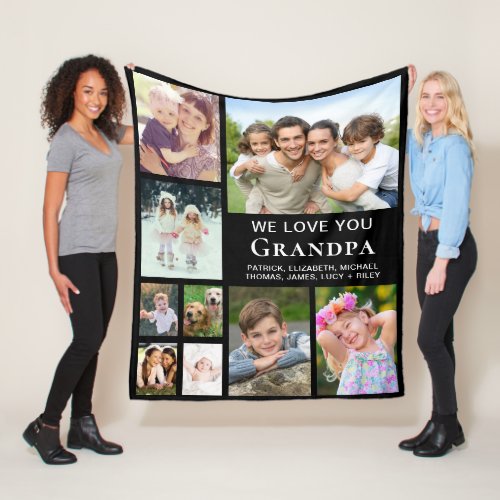 Grandpa Photo Collage Black Fleece Blanket