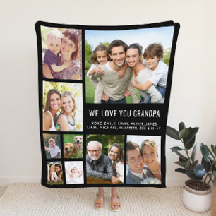 Grandpa Photo Collage Black Fleece Blanket