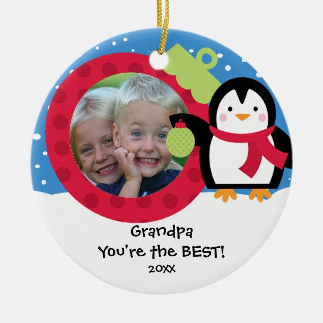 Grandpa Photo Penguin Christmas Ornament (Front)