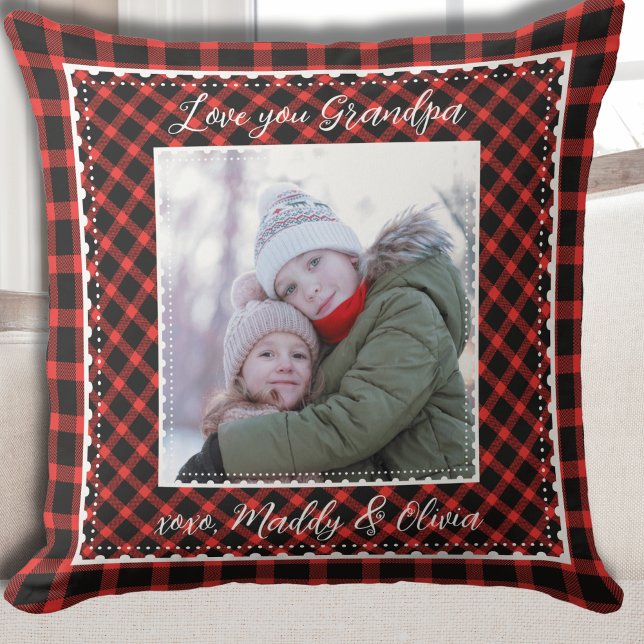 Grandpa Photo Plaid Christmas Throw Pillow (Grandpa Red Buffalo Plaid Christmas Holiday Throw Pillow)