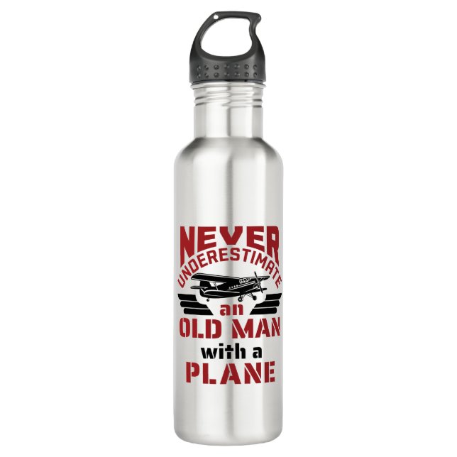 Grandpa Pilot Old Man with a Plane Stainless Steel Water Bottle (Front)