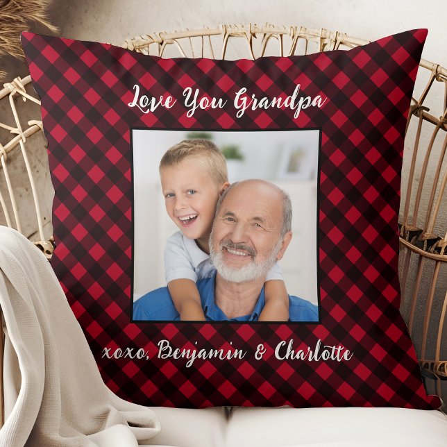 Grandpa Red Buffalo Plaid Custom Photo Christmas Throw Pillow (Creator Uploaded)