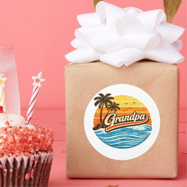 Grandpa Retro Sunset Design Classic Round Sticker (Party)