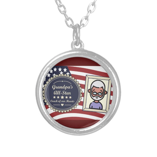 Grandpa’s All-Star Badge USA Flag Design Silver Plated Necklace (Front)