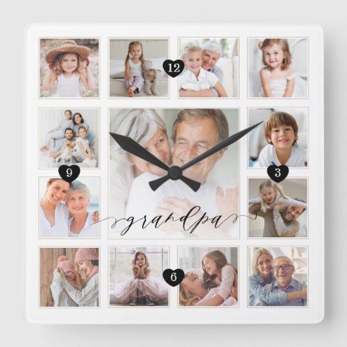 Grandpa Script Family Memory Photo Grid Collage Square Wall Clock