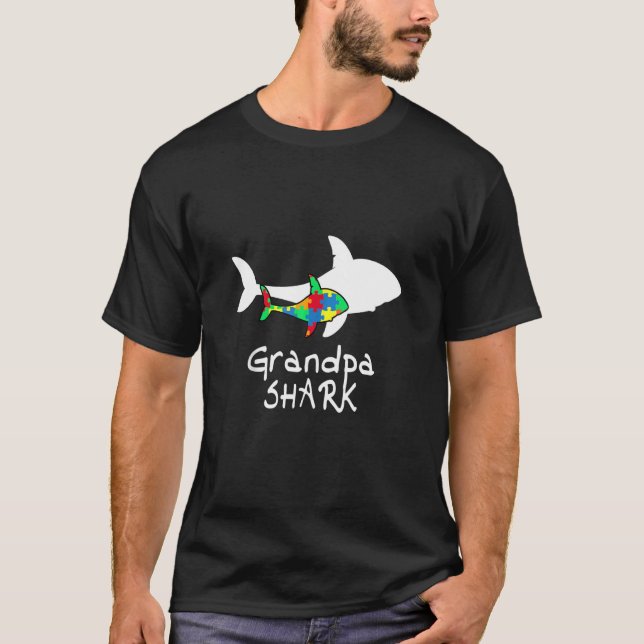 Grandpa Shark Puzzle Piece Cool Autism Awareness T-Shirt (Front)