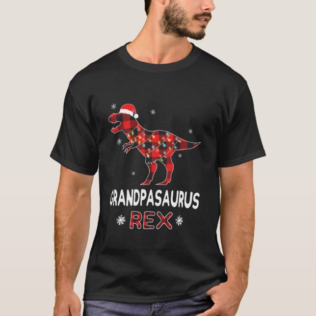 Grandpa T-Rex Red Plaid Buffalo Christmas Dinosaur T-Shirt (Front)