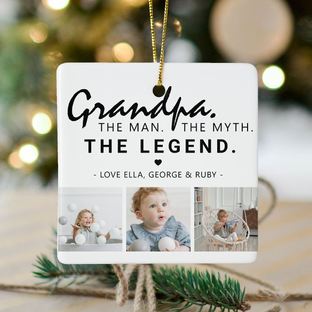 Grandpa. The Man. The Myth. The Legend. 3 Photo Ceramic Ornament (Creator Uploaded)