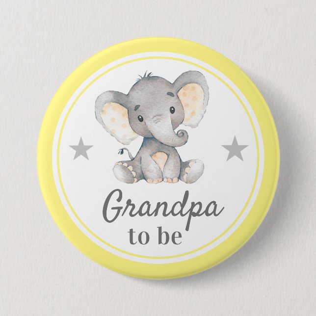 Grandpa to be Yellow Gray Elephant Baby Shower Button (Front)