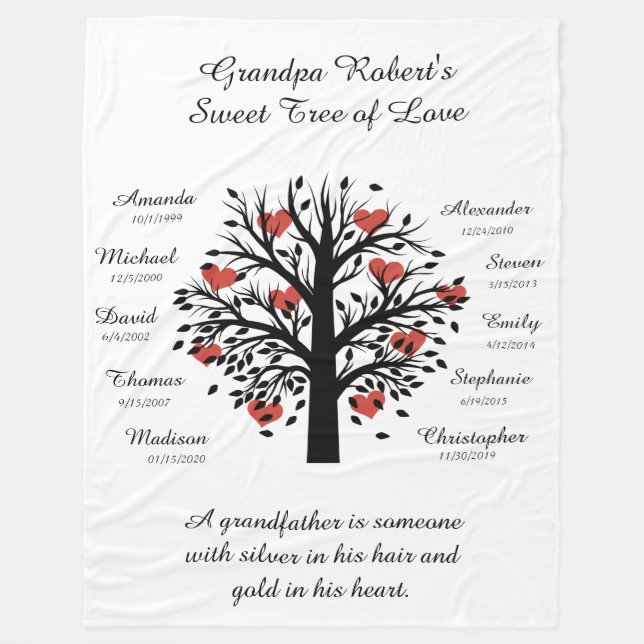 Grandpa Tree (hearts) Black/White 10 Names & Dates Fleece Blanket (Front)