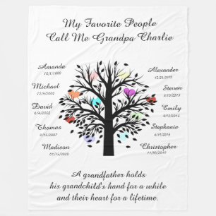 Grandpa Tree (hearts) Black/White 10 Names & Dates Fleece Blanket