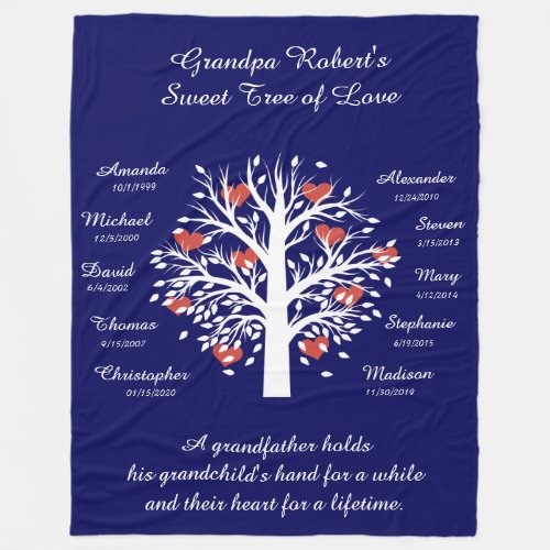 Grandpa Tree hearts WhiteBlue 10 Names  Dates Fleece Blanket