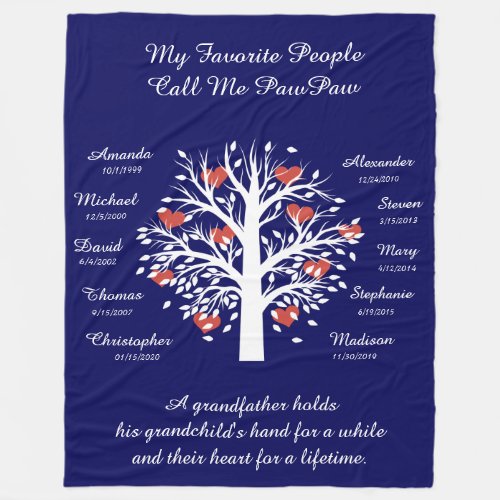 Grandpa Tree hearts WhiteBlue 10 Names  Dates Fleece Blanket