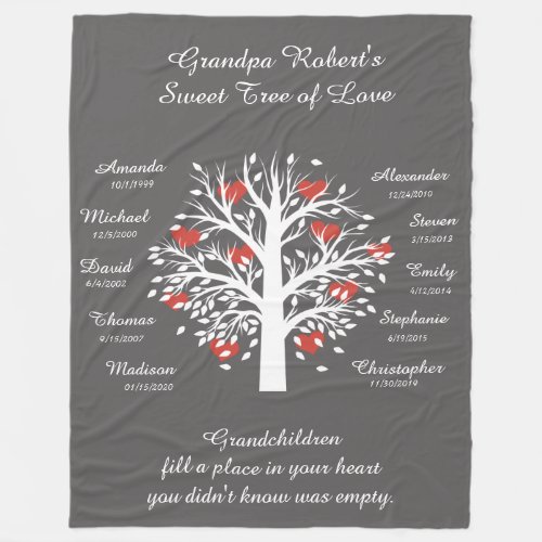 Grandpa Tree hearts WhiteGray 10 Names  Dates Fleece Blanket