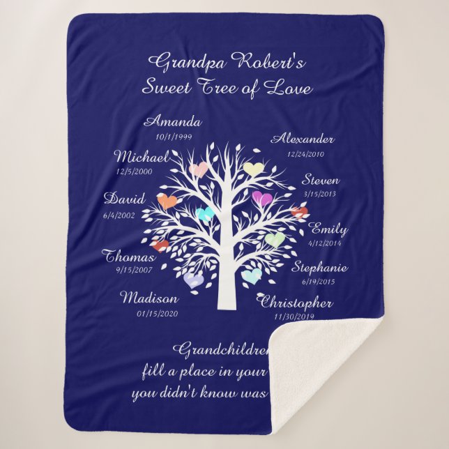Grandpa Tree (hearts) White/Navy 10 Names & Dates Sherpa Blanket (Front)