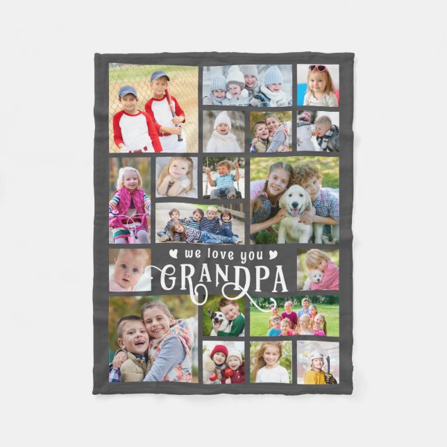 Grandpa We Love You 19 Photo Collage Custom Colors Fleece Blanket (Front)