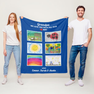 Grandpa We Love You, Grandkids Art Drawings Custom Fleece Blanket